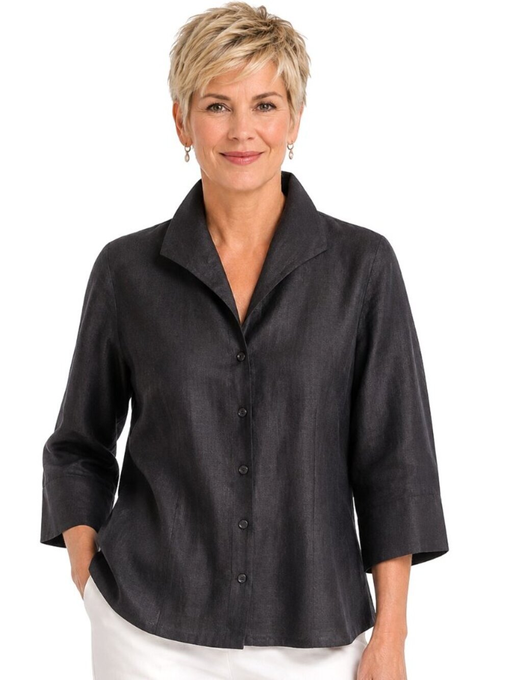 Vintage Talbots Black Irish Linen 3/4 Length Sleeve Shirt
